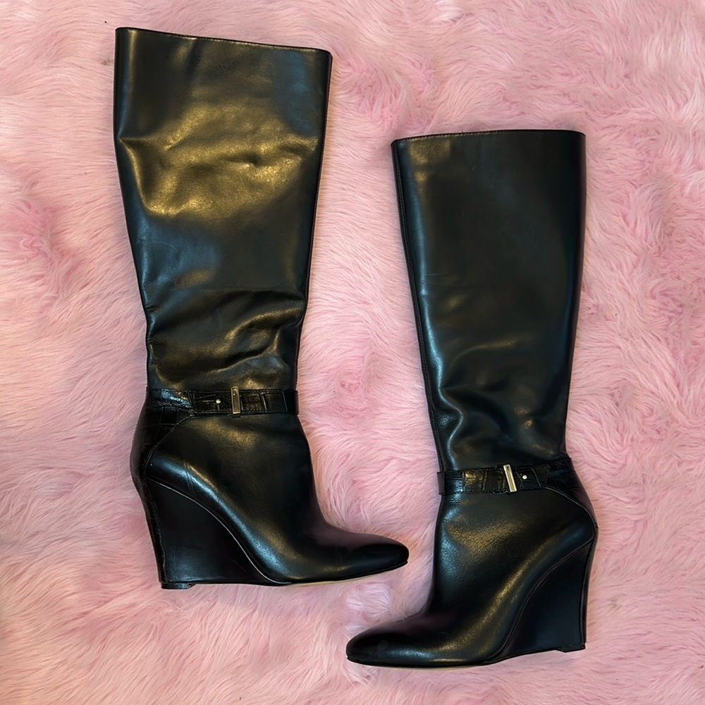 Ann Taylor black leather wedge boots size 7